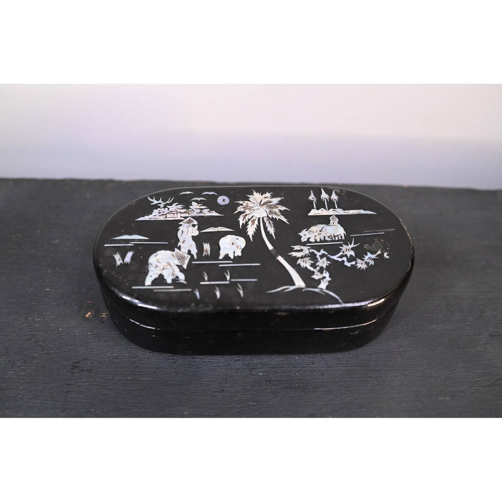 Vintage Asian Lacquer Jewelry Box Mother of Pearl Inlay Black Oval Trinket Case